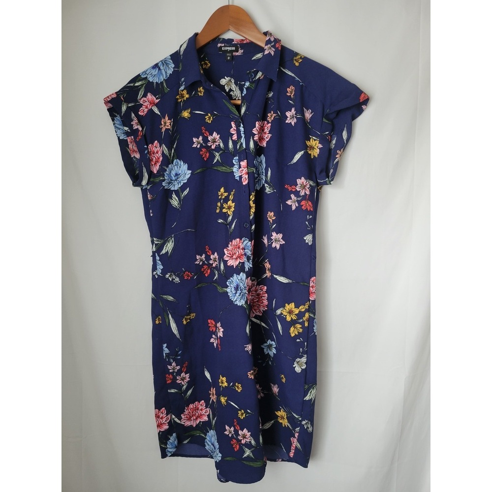 EXPRESS Women's Blue Floral Button-Down Collared Shirtdress Size M